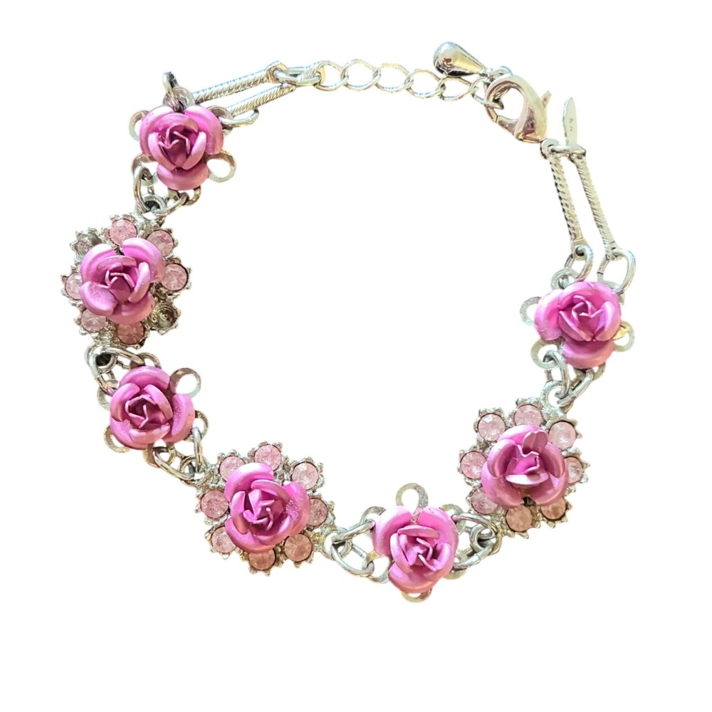 Avon Nina Ricci Pink Metal Roses Bracelet Rhinestone Floral Silver Tone Exc